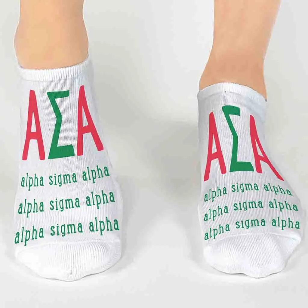 Alpha Sigma Alpha Sorority Socks with Large Greek Letters, Printed on No Show Socks