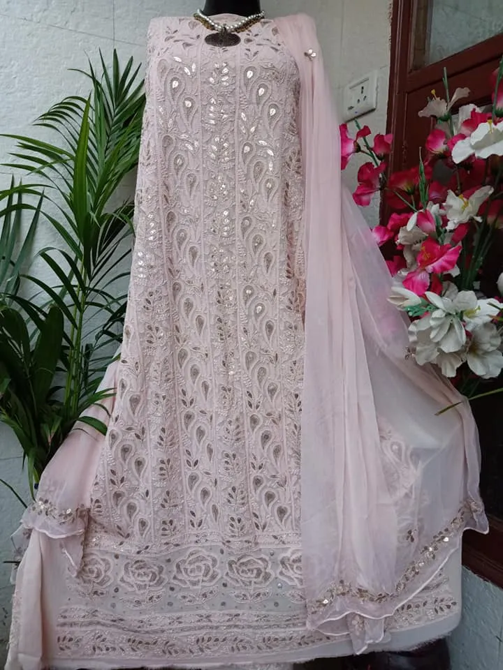 Baby Pink Georgette Chikankai Gota Salwar Suit