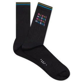 Black Ribbed Cotton Socks With Multicoloured Logos- Black