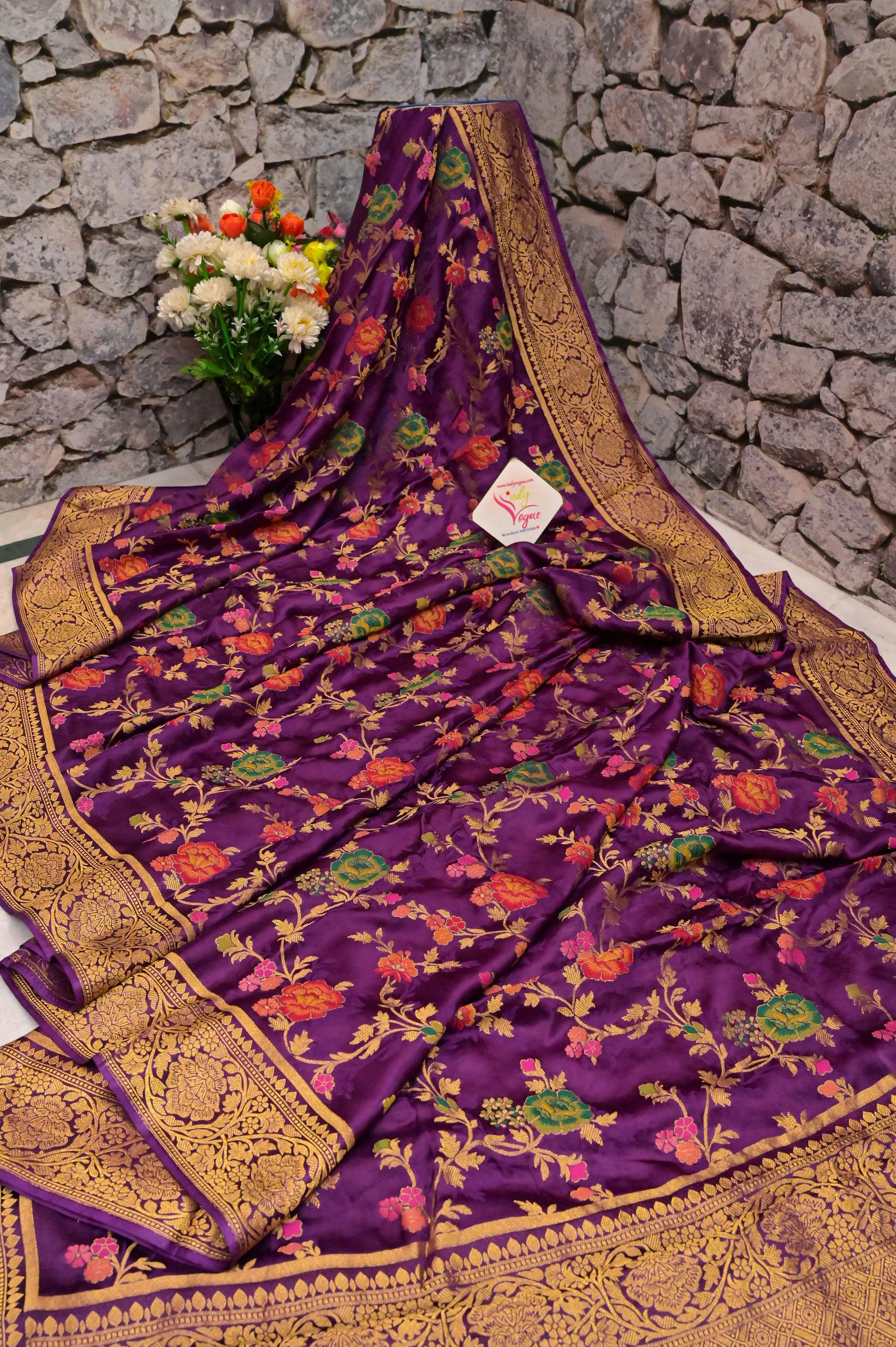 Blackcurrant Color Satin Katan Banarasi Saree with Meenakari Work