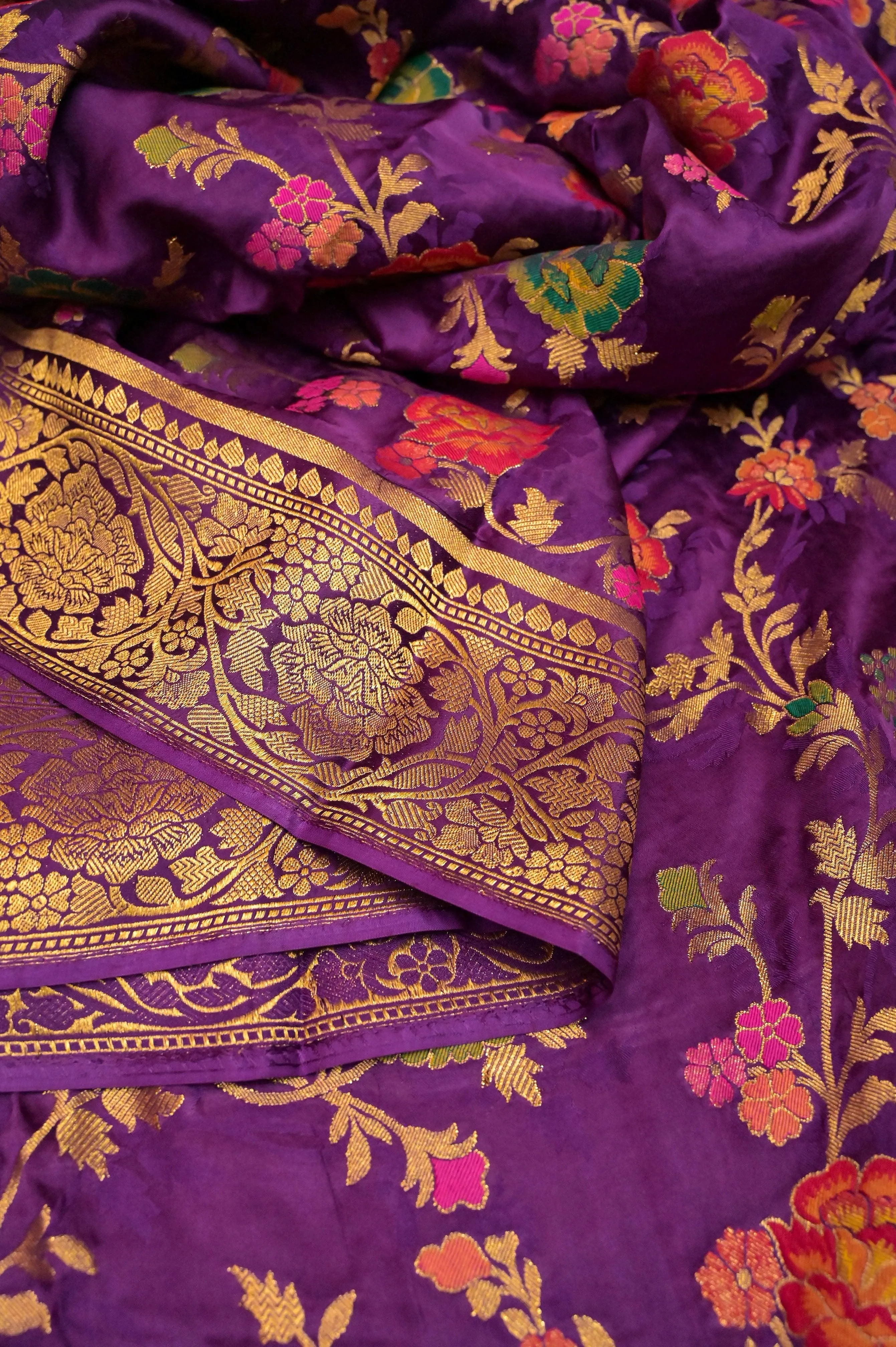 Blackcurrant Color Satin Katan Banarasi Saree with Meenakari Work