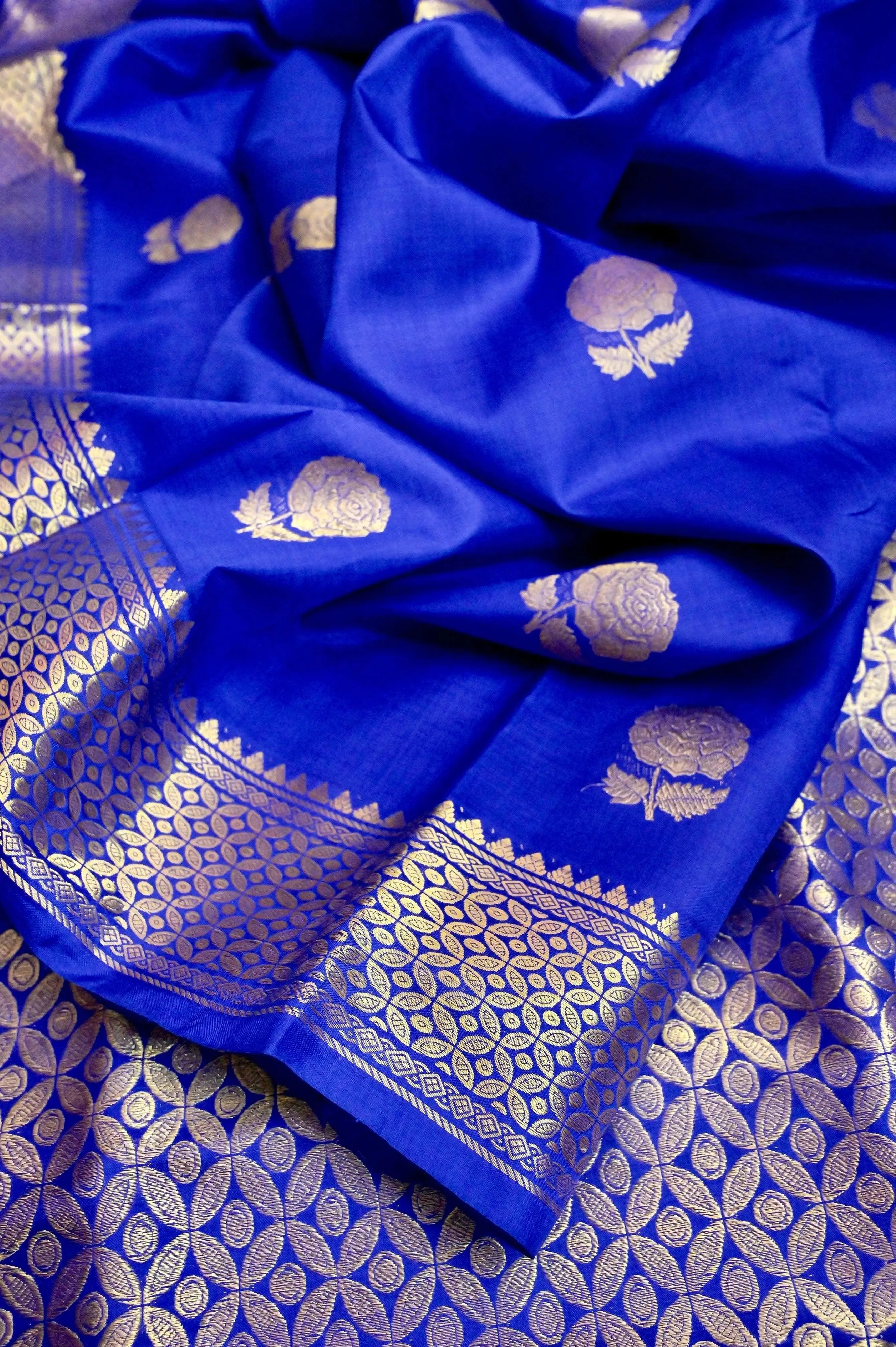 Blue Color Baluchari Silk Saree with Rose Motif