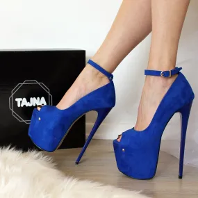 Blue Suede Peep Toe High Heel Platforms