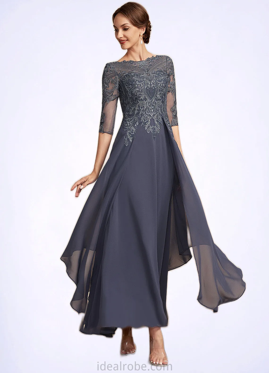 Cali A-Line Scoop Neck Ankle-Length Chiffon Lace Mother of the Bride Dress With Cascading Ruffles STK126P0014698