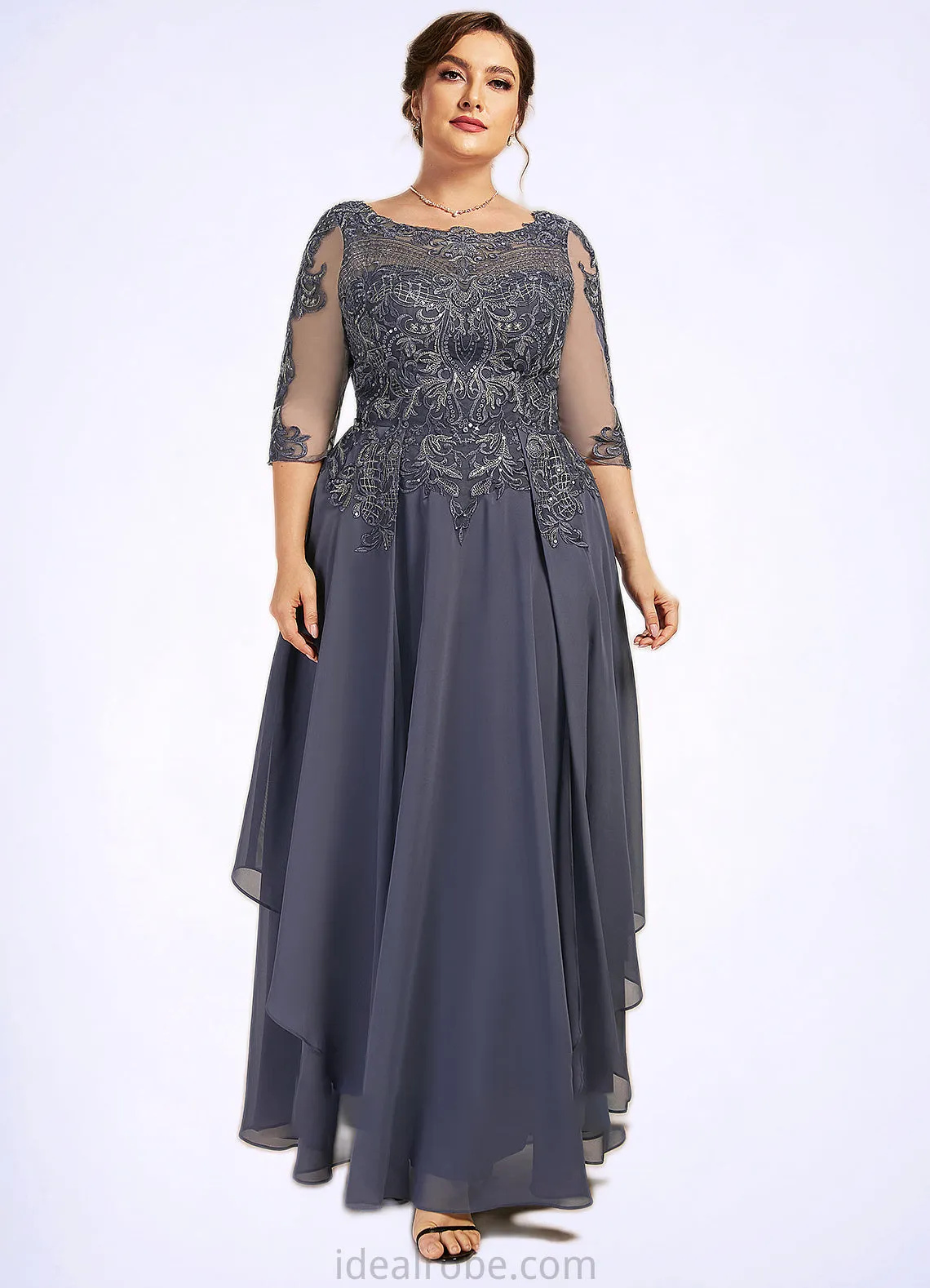 Cali A-Line Scoop Neck Ankle-Length Chiffon Lace Mother of the Bride Dress With Cascading Ruffles STK126P0014698