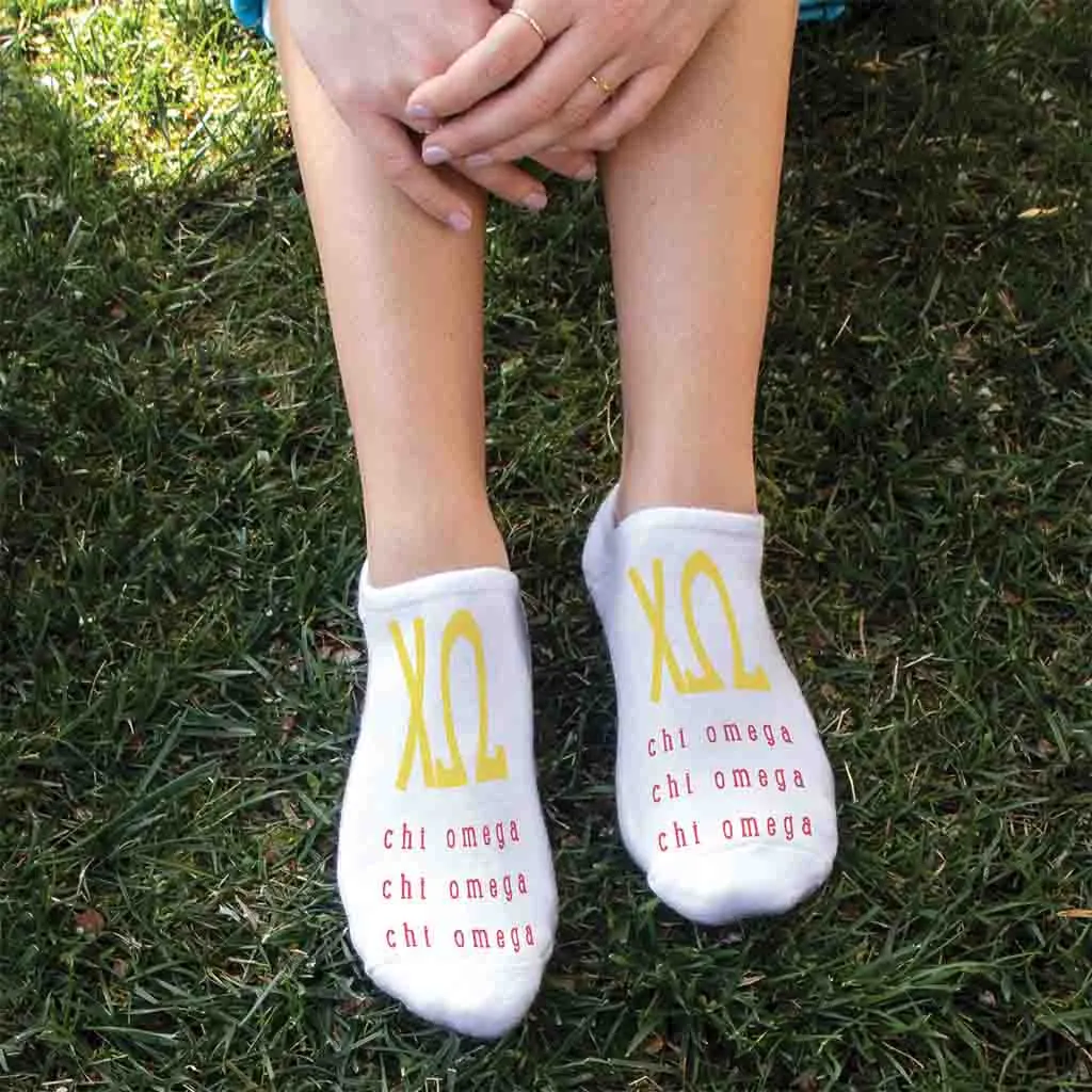 Chi Omega Sorority Socks with Large Greek Letters, Printed on No Show Socks