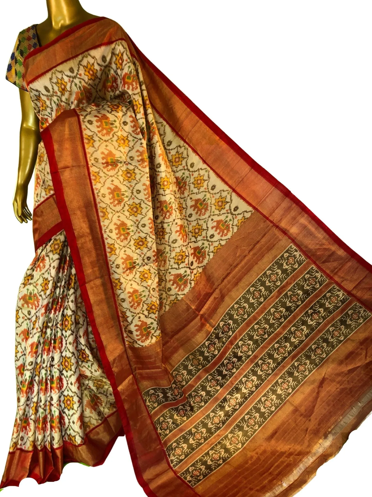 Cream and Red Color Pure Tissue Ikat Silk Saree with Allover Ikat Work