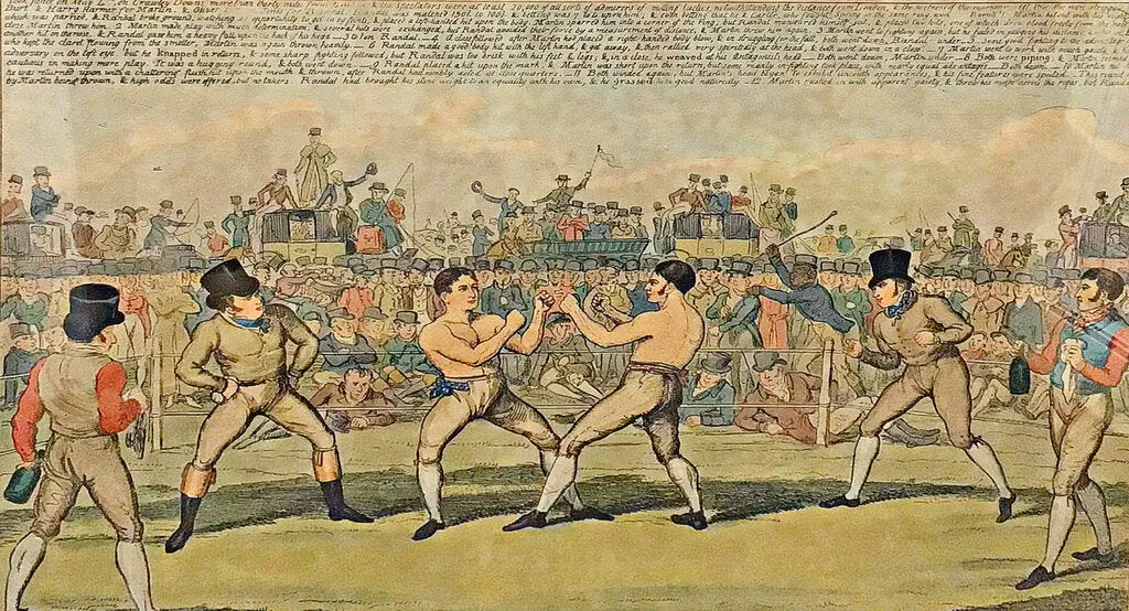 Cruikshank, "The Great Match Between Randal and Martin". Hand-Colored Print, early 19th c.