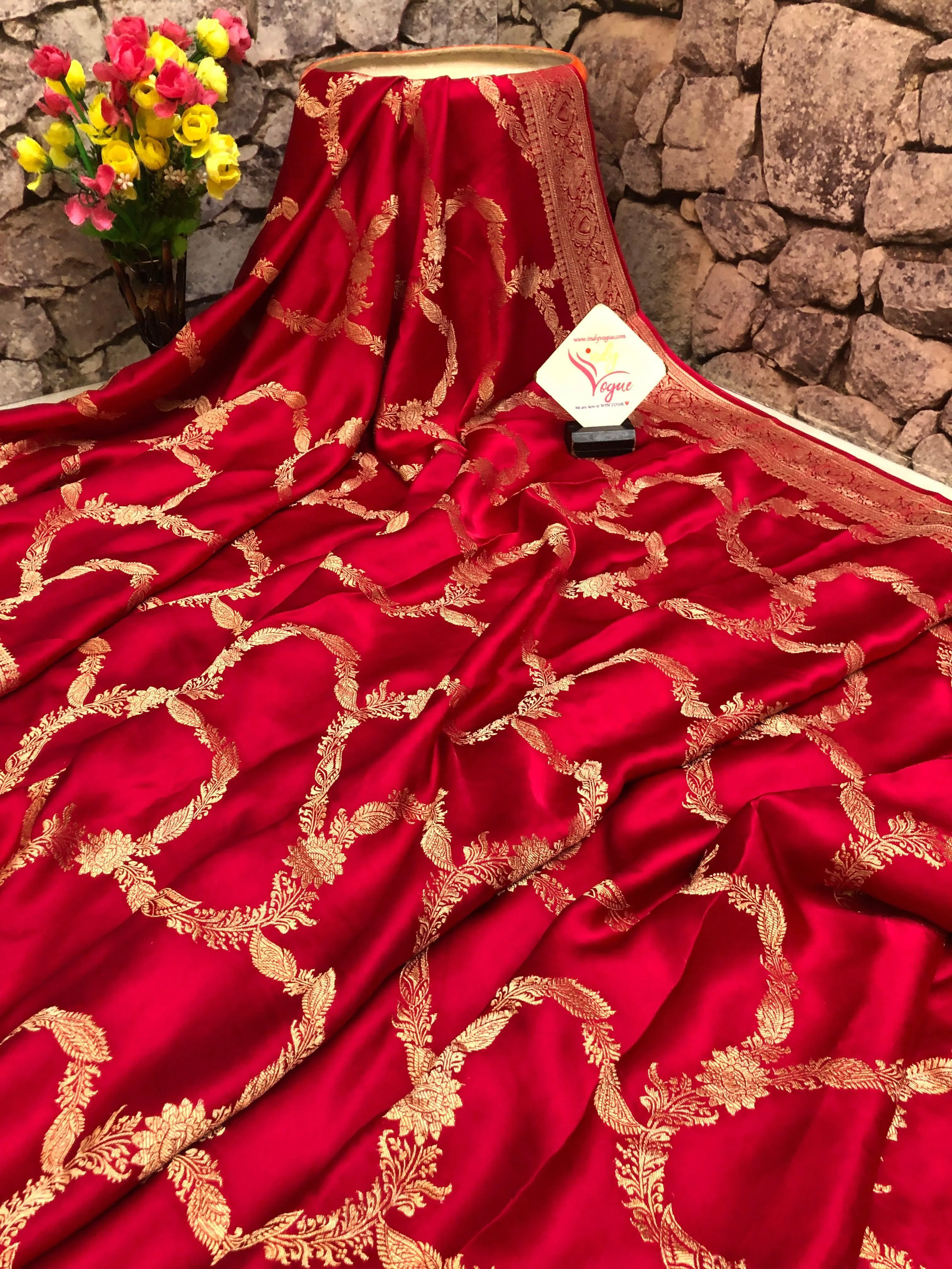 Dark Vermillion Red Color Satin Silk Banarasi Saree