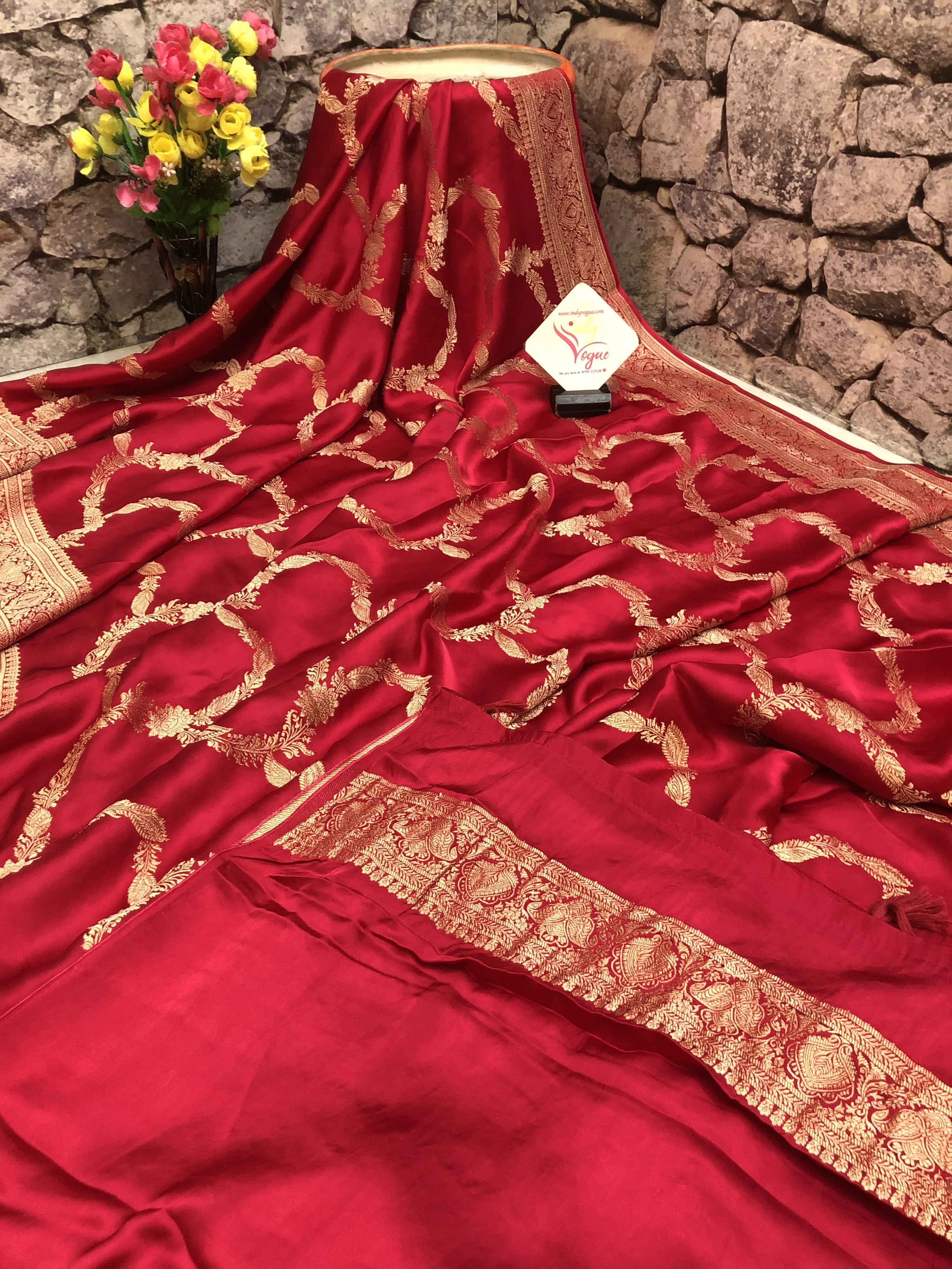 Dark Vermillion Red Color Satin Silk Banarasi Saree