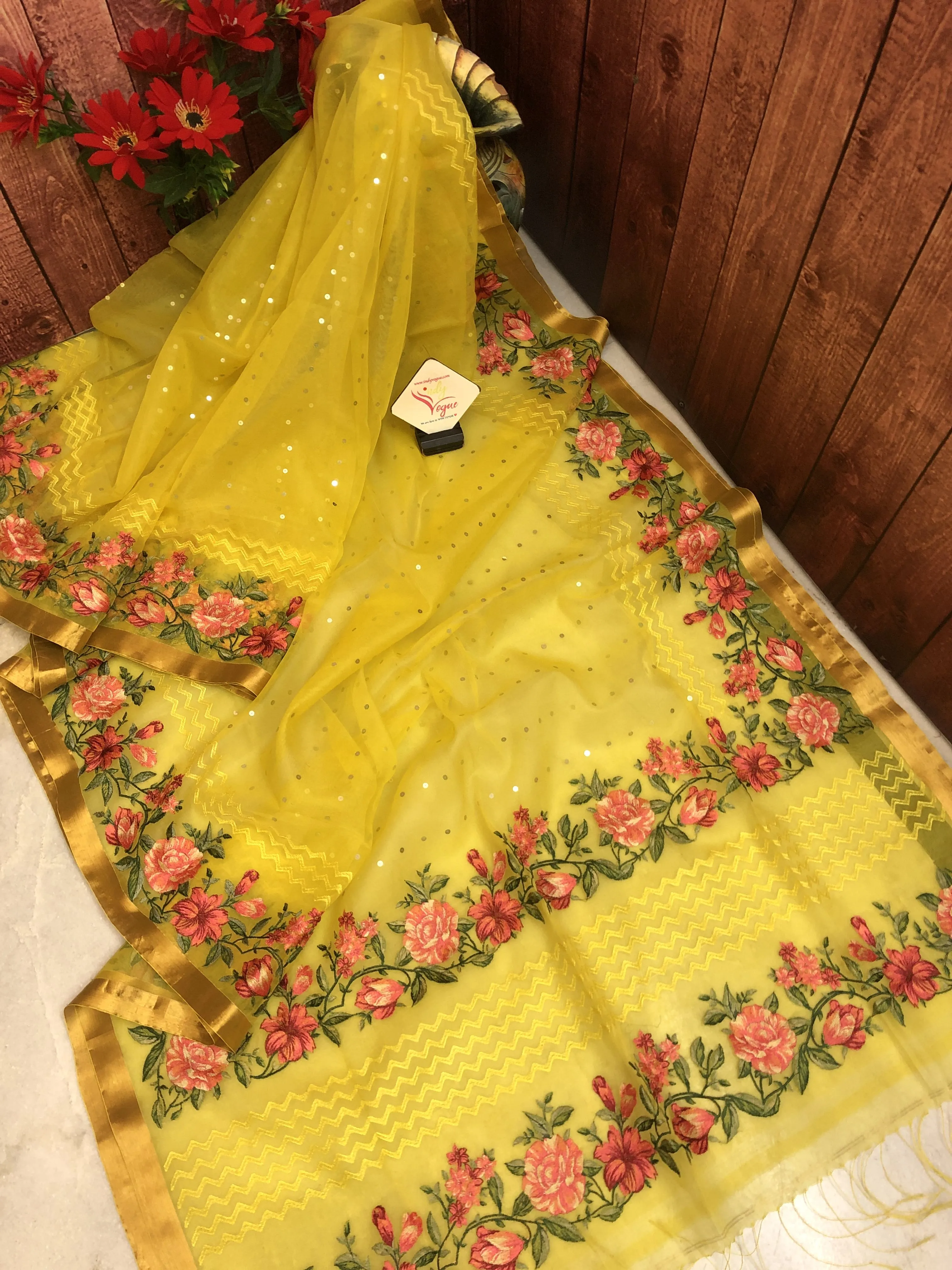 Dark Yellow Color Resham Handloom Saree with Parsi Embroidery and Sequin Weaving