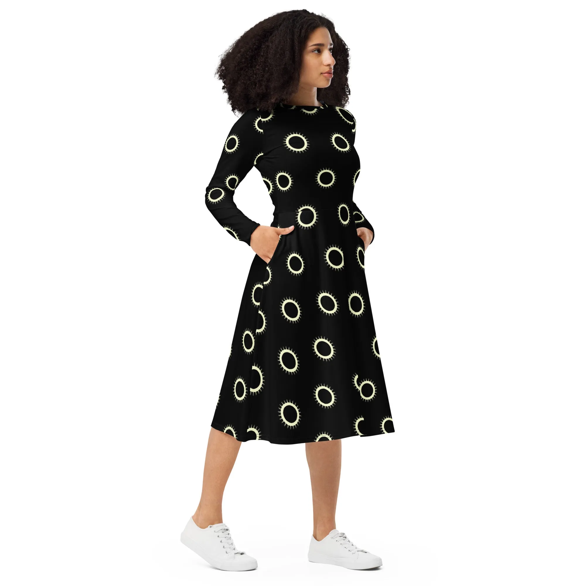 Disc Pattern long sleeve midi dress