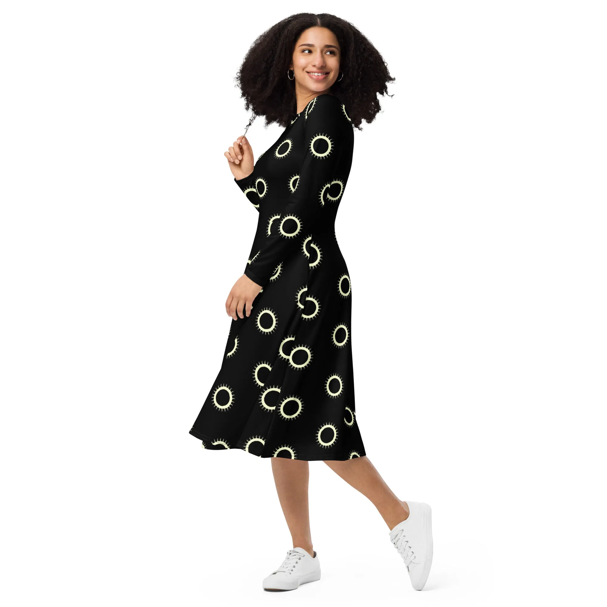 Disc Pattern long sleeve midi dress