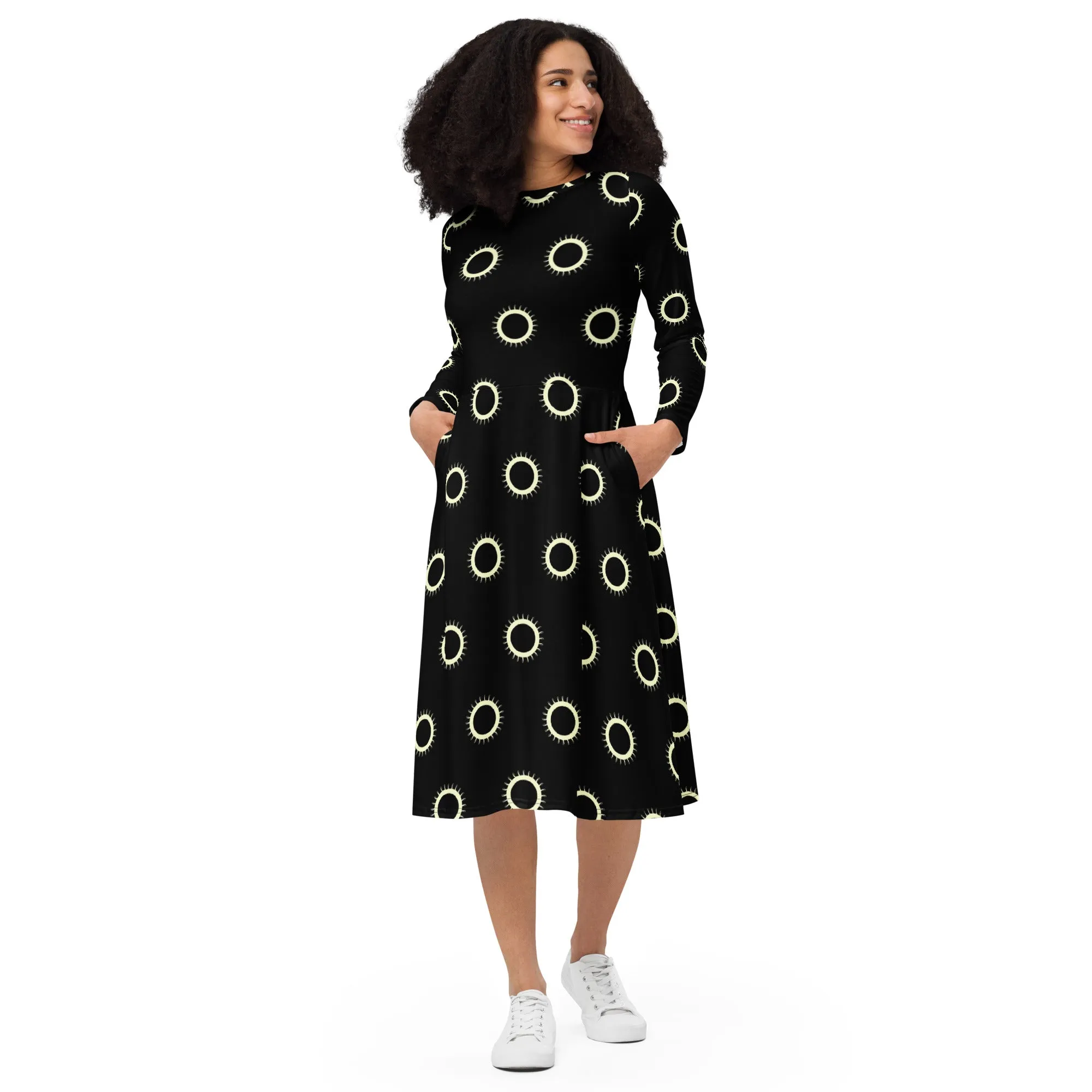 Disc Pattern long sleeve midi dress