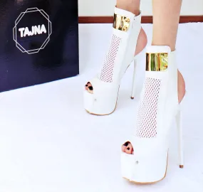 Fishnet White Gold Ankle Peep Toe Platform Shoes