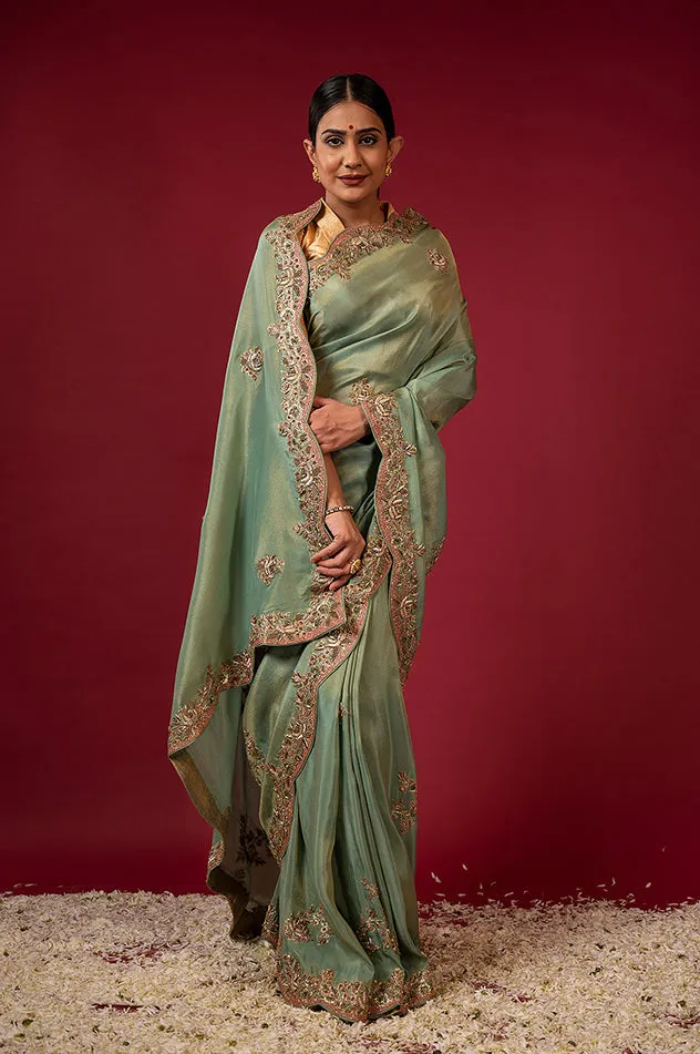 Green tissue Zardozi work Saree