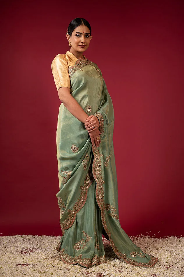 Green tissue Zardozi work Saree