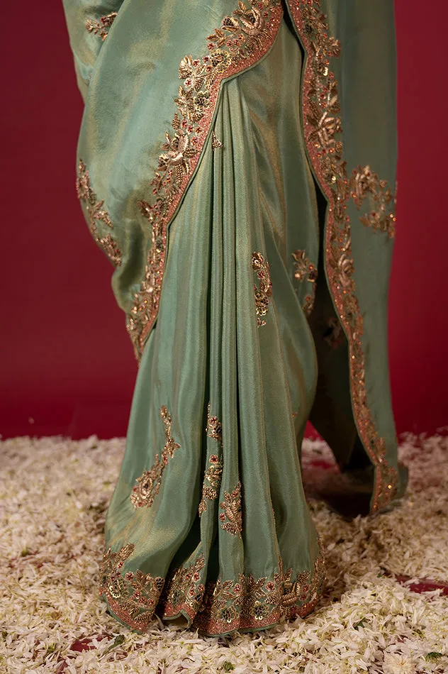 Green tissue Zardozi work Saree