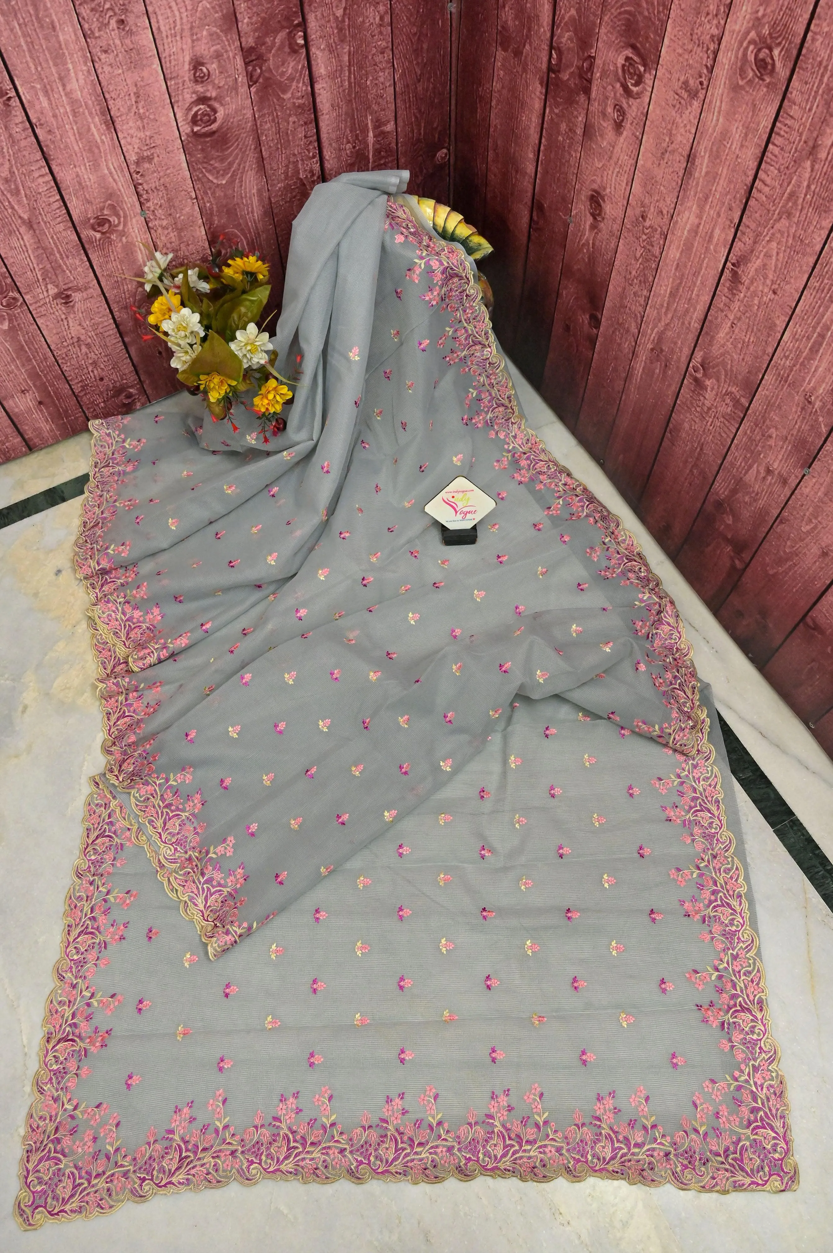 Grey Color Resham Kota Saree with Embroidery and Scallop Border