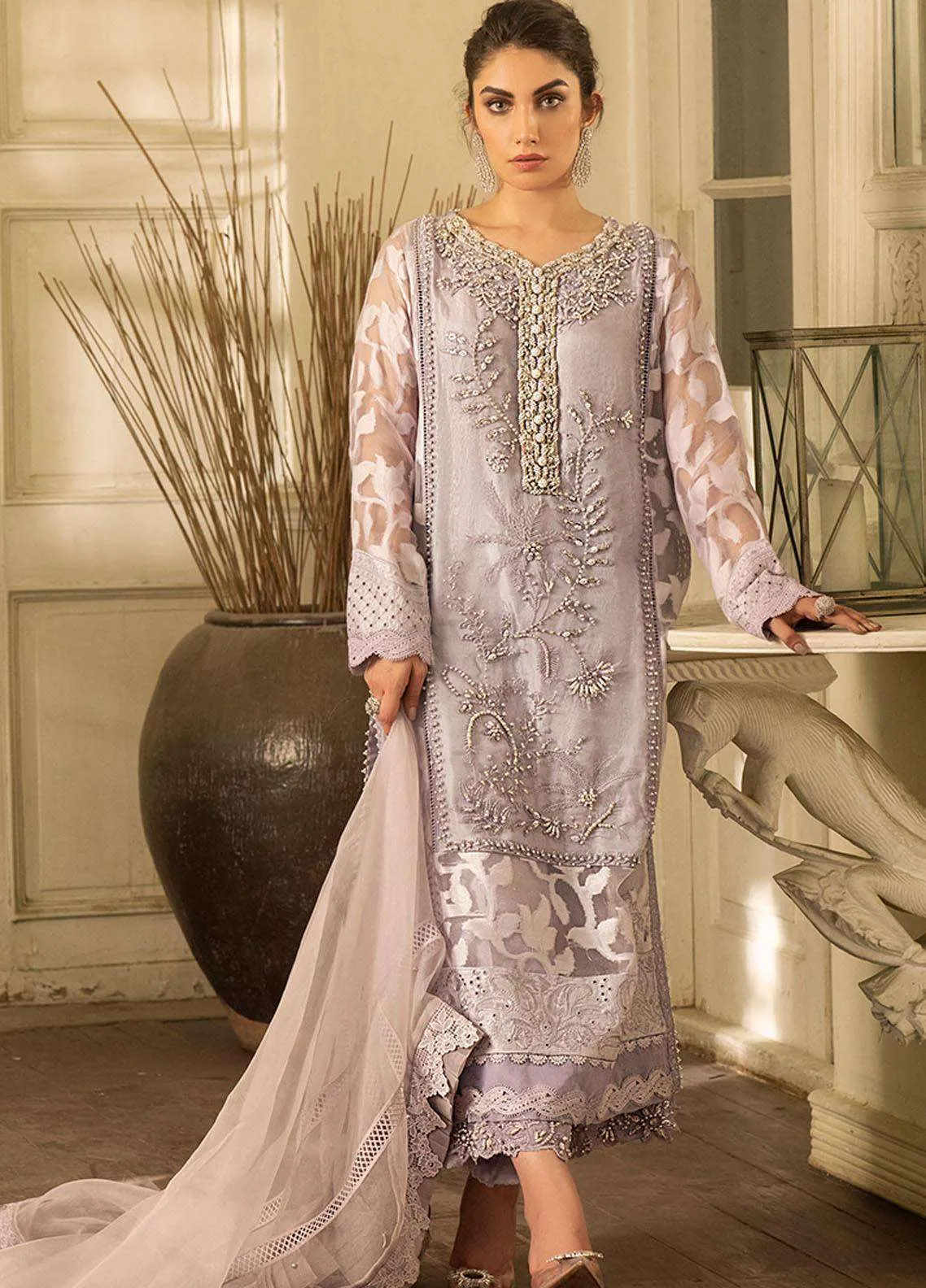 Grey Silver Embroidery Pakistani Style Suit