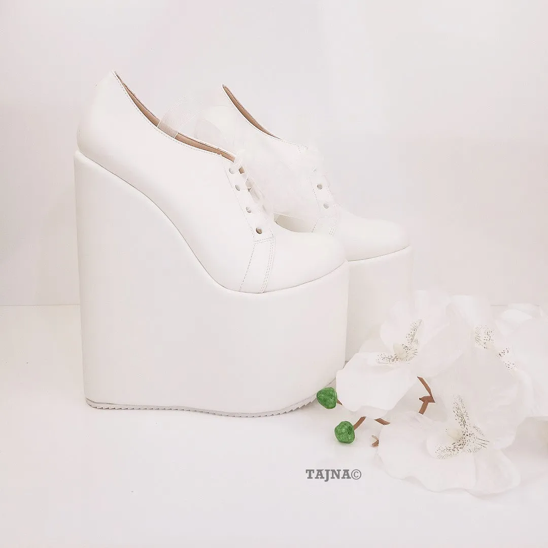 Lace Up Platform White Wedge Bridal Shoes