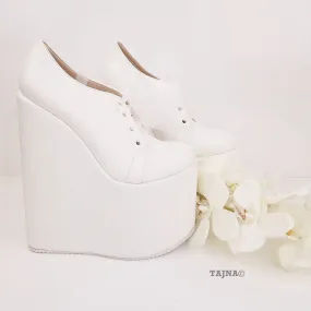 Lace Up Platform White Wedge Bridal Shoes