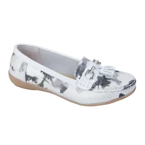 Ladies Leather Slip on White Multi Shoes Helsinki Flat Jo & Joe