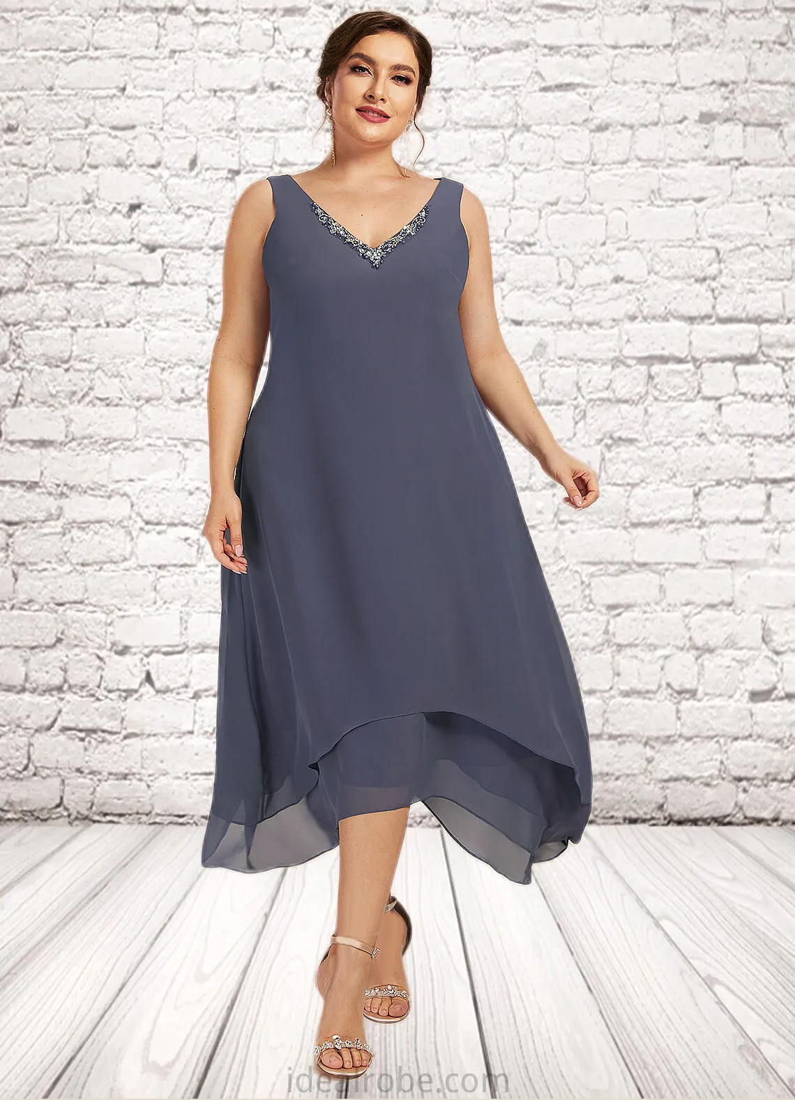 Lily A-line V-Neck Ankle-Length Chiffon Mother of the Bride Dress With Beading STK126P0014655