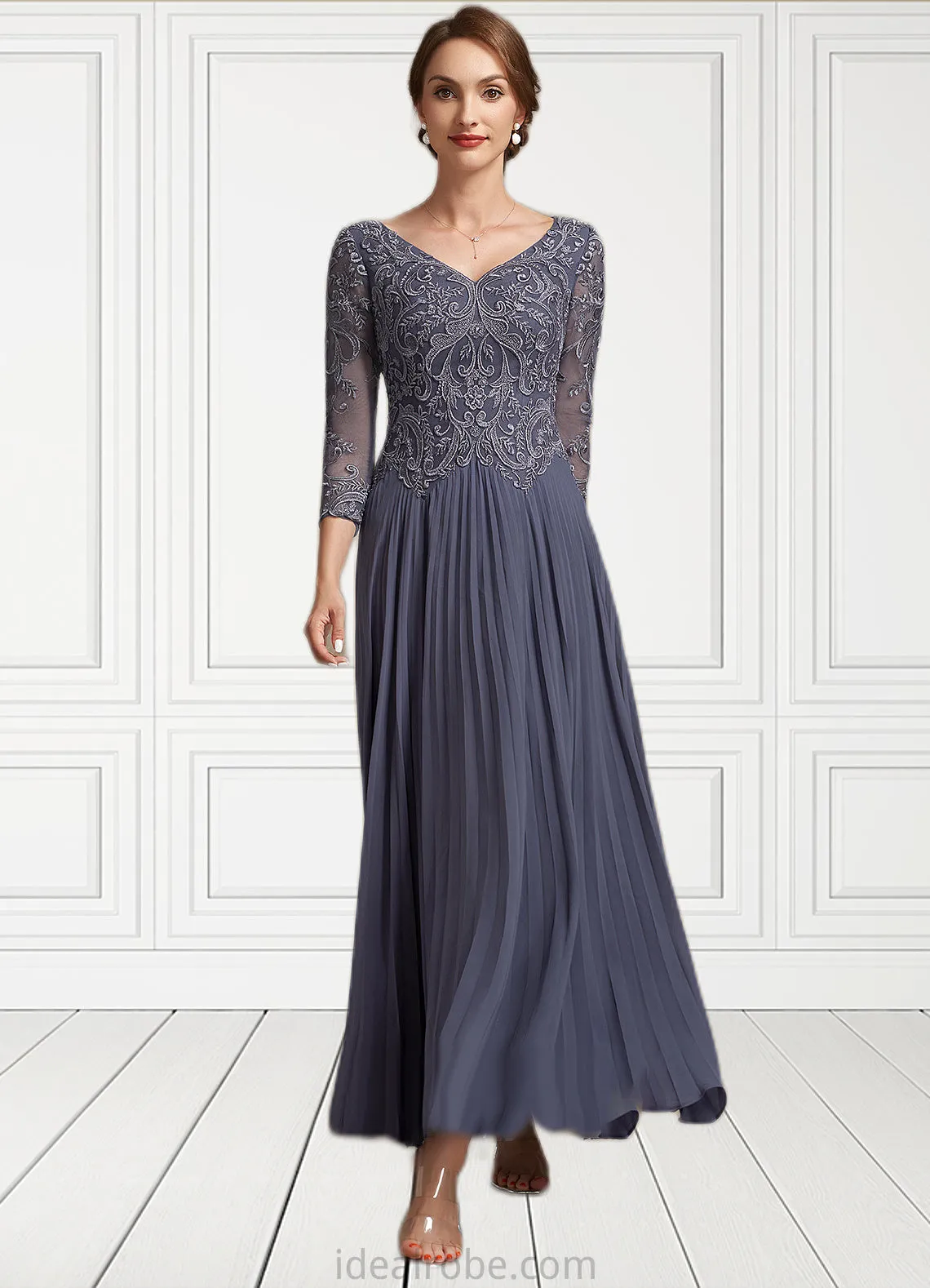 Marcie A-Line V-neck Ankle-Length Chiffon Lace Mother of the Bride Dress STK126P0014899