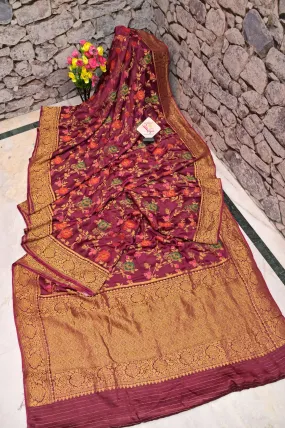 Maroon Color Satin Katan Banarasi Saree with Meenakari Zari Work