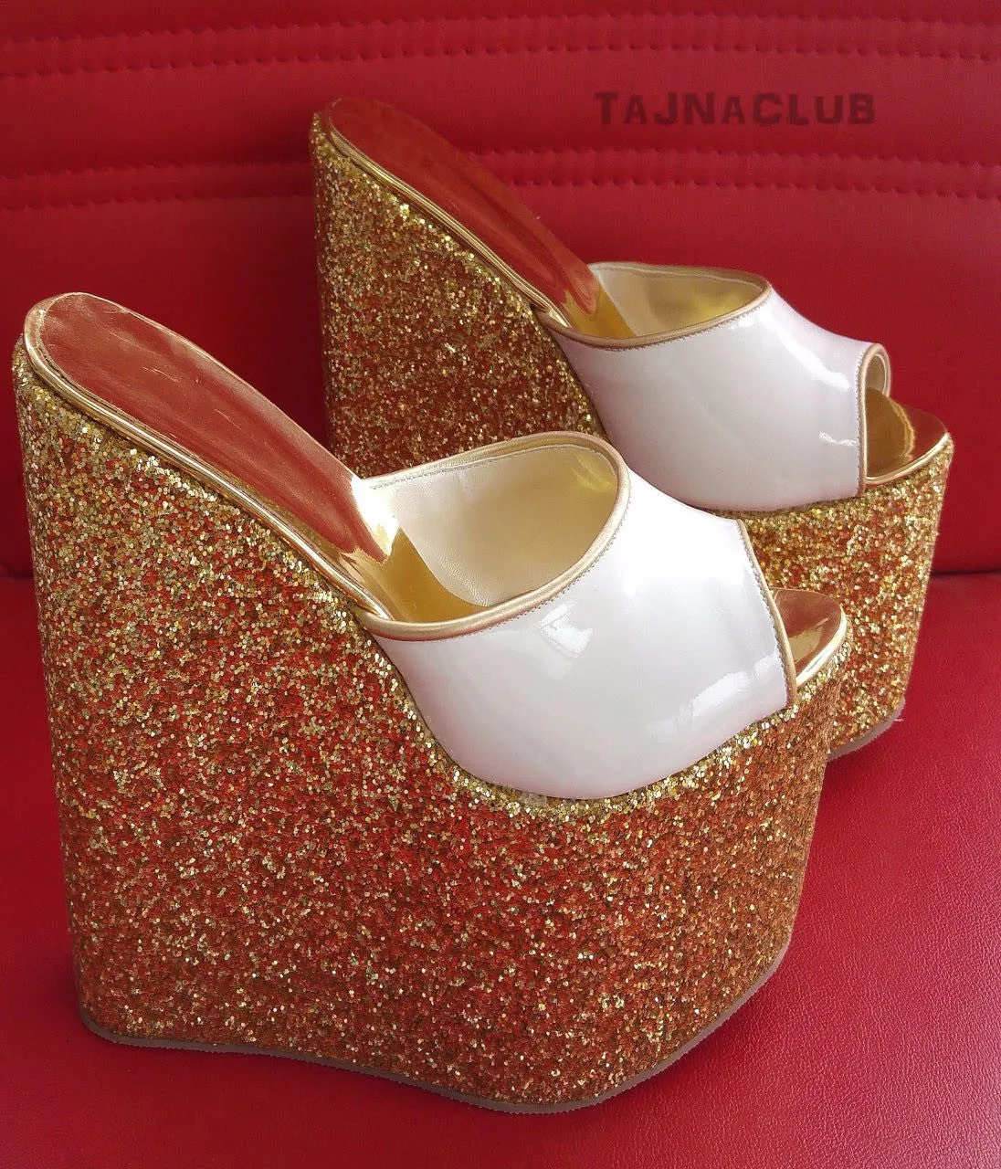 Mules Gold Glitter Wedge Heel Platform High Heels Shoes