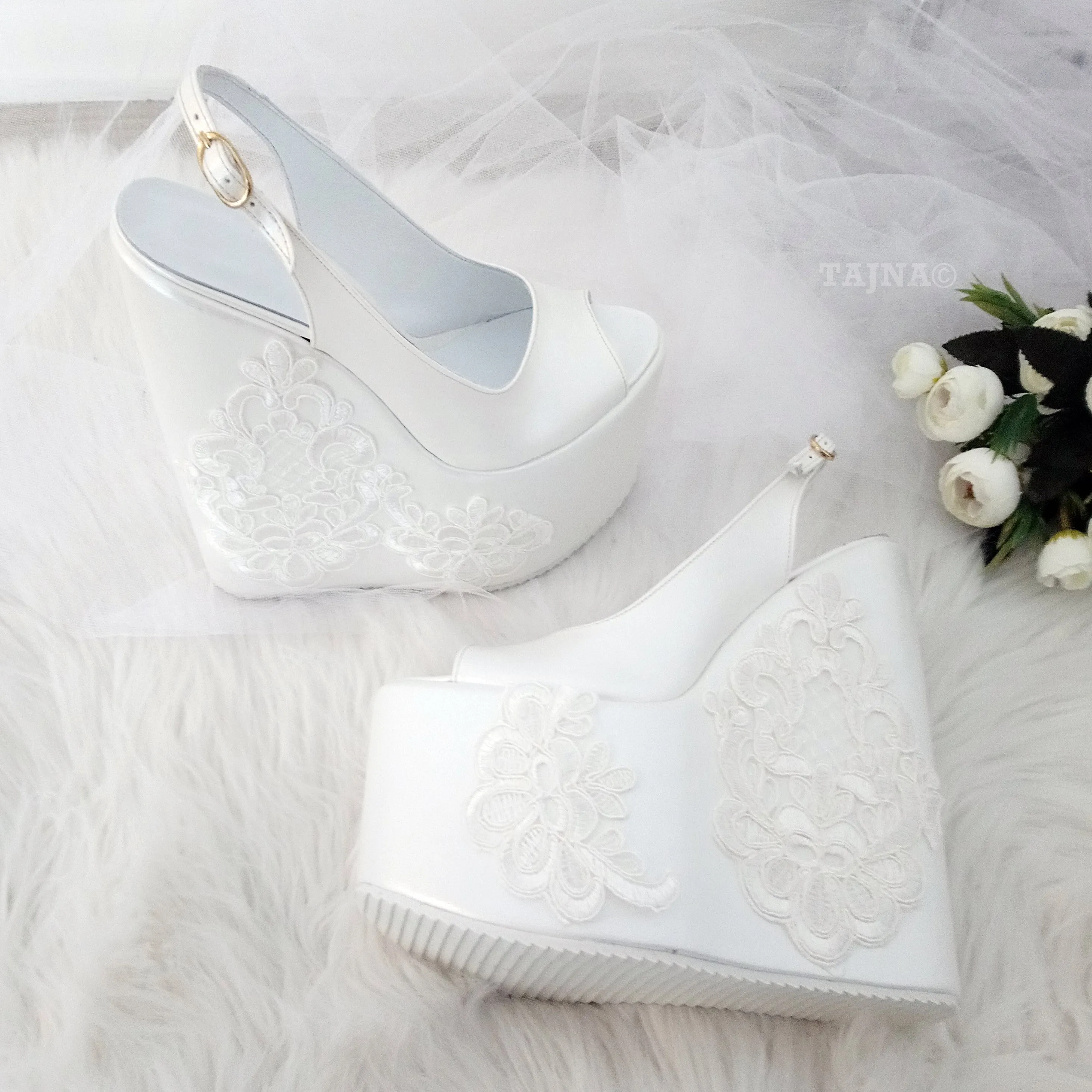 Peep Toe Platform Ivory White Lace  Wedding  Wedge Shoes