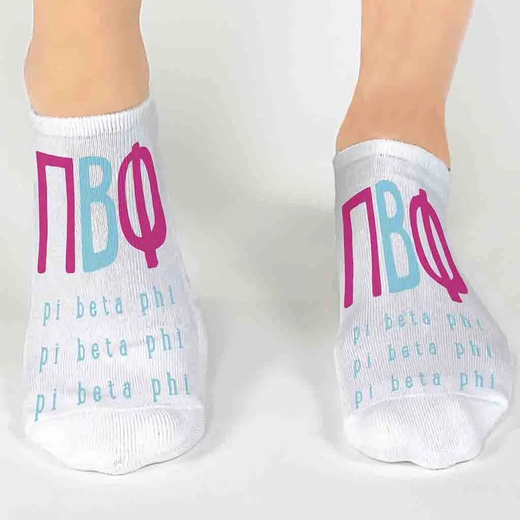 Pi Beta Phi Sorority Socks with Large Greek Letters, Printed on No Show Socks