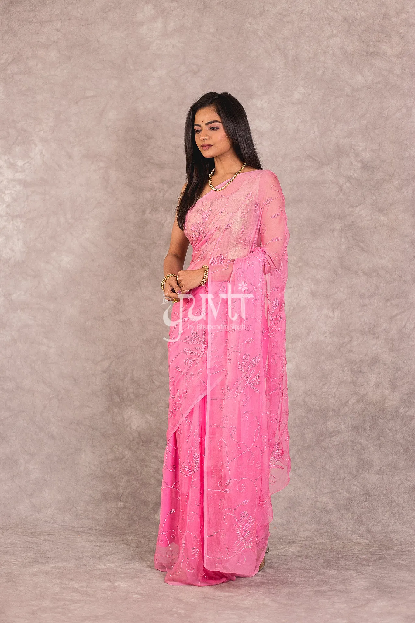 Pink Viscose Chiffon Resham Sequins work Saree