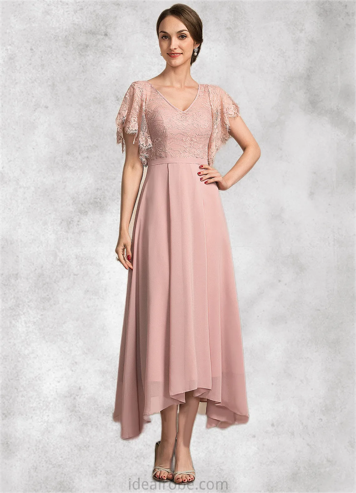 Piper A-line V-Neck Ankle-Length Chiffon Lace Mother of the Bride Dress STK126P0014636