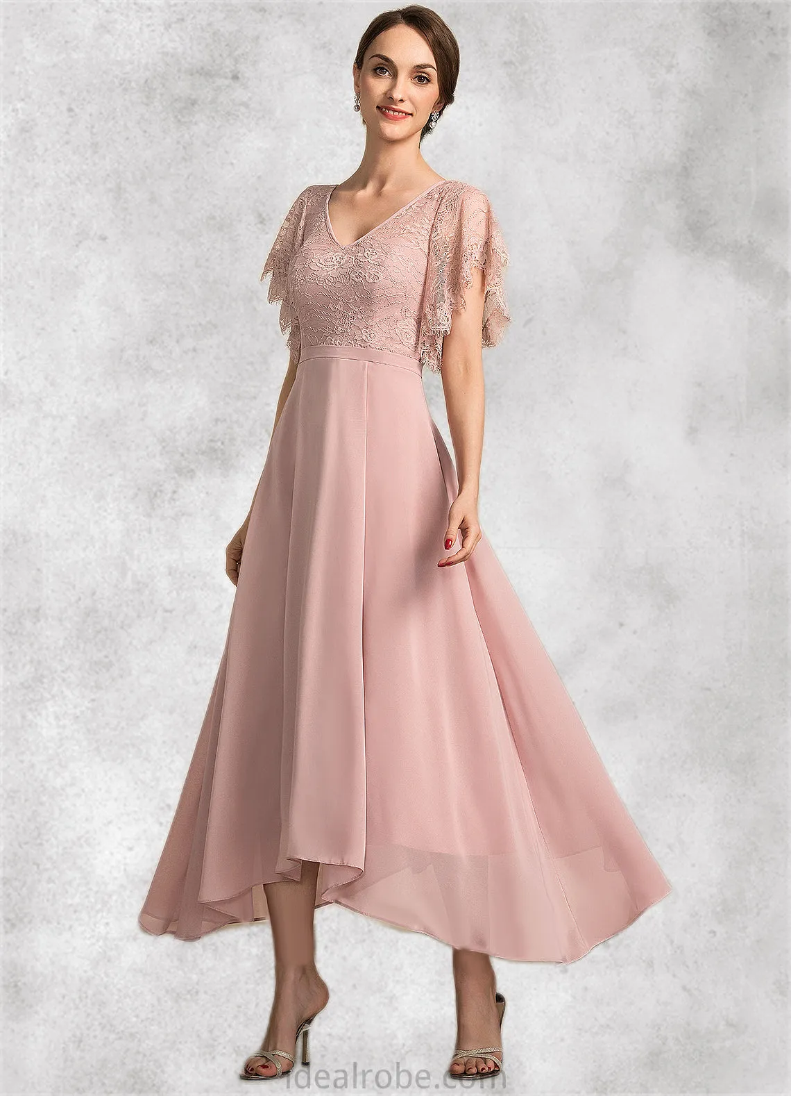 Piper A-line V-Neck Ankle-Length Chiffon Lace Mother of the Bride Dress STK126P0014636