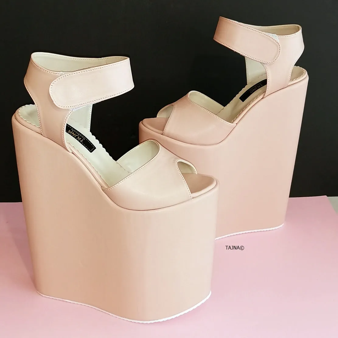 Powder Soft Pink High Heel Wedges Ankle Strap