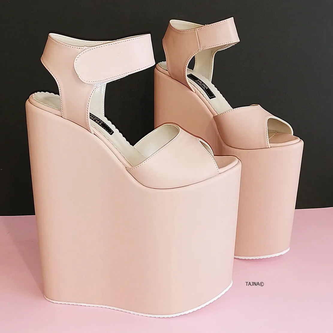 Powder Soft Pink High Heel Wedges Ankle Strap