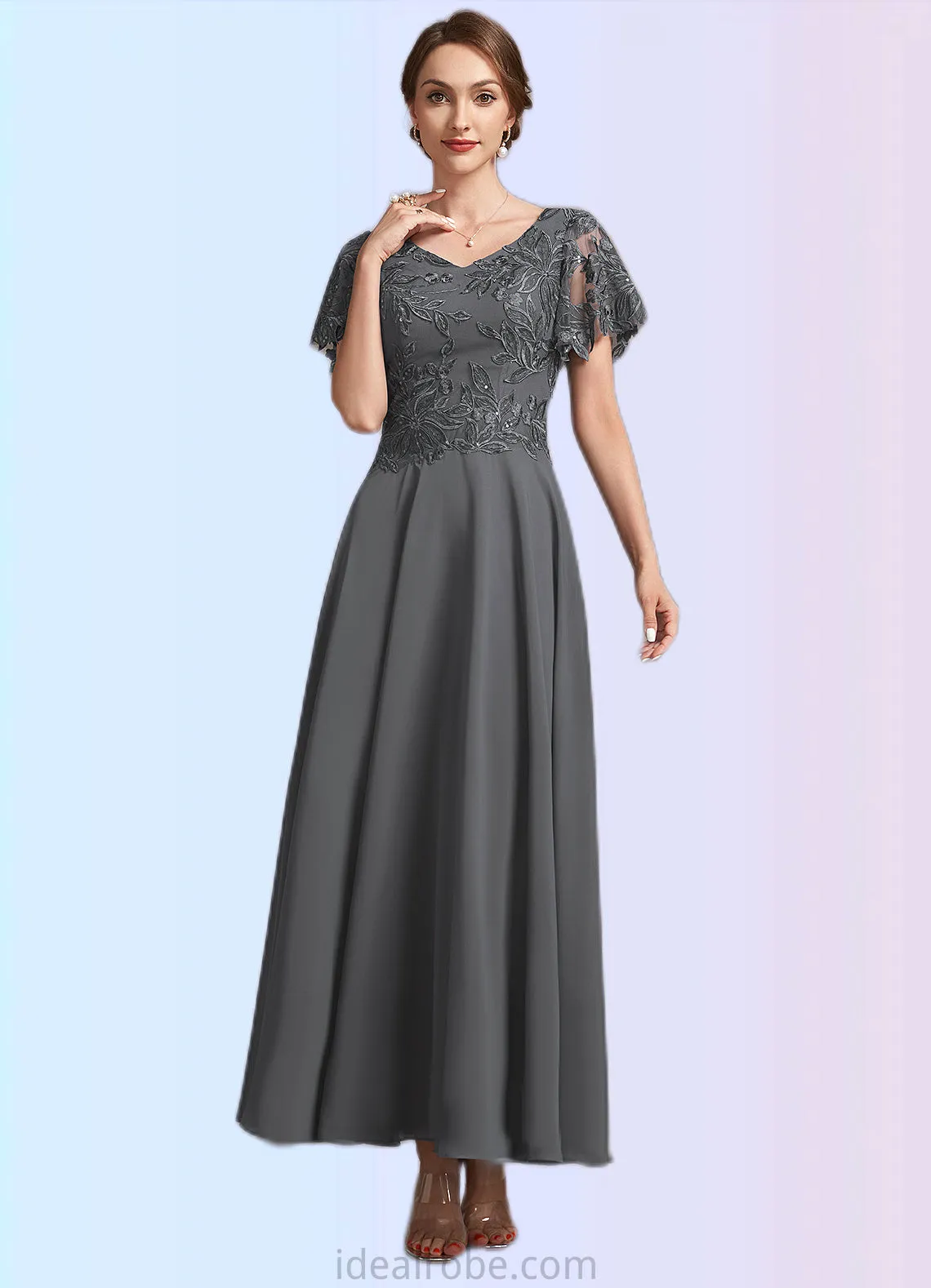 Savannah A-Line V-neck Ankle-Length Chiffon Lace Mother of the Bride Dress With Sequins STK126P0014838