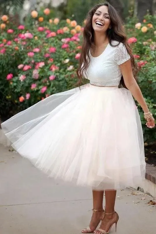 Simple Two Pieces Round Neck Ivory Short Prom Dress with Lace Homecoming Dresses