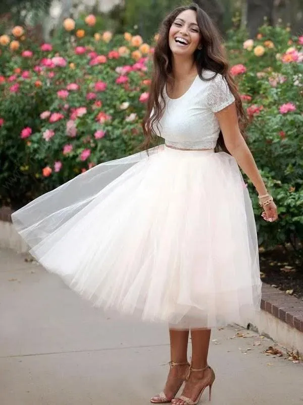 Simple Two Pieces Round Neck Ivory Short Prom Dress with Lace Homecoming Dresses