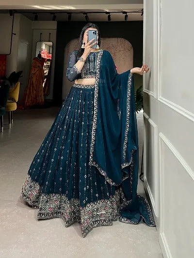 Teal Blue Georgette Embroidered Lehenga Set