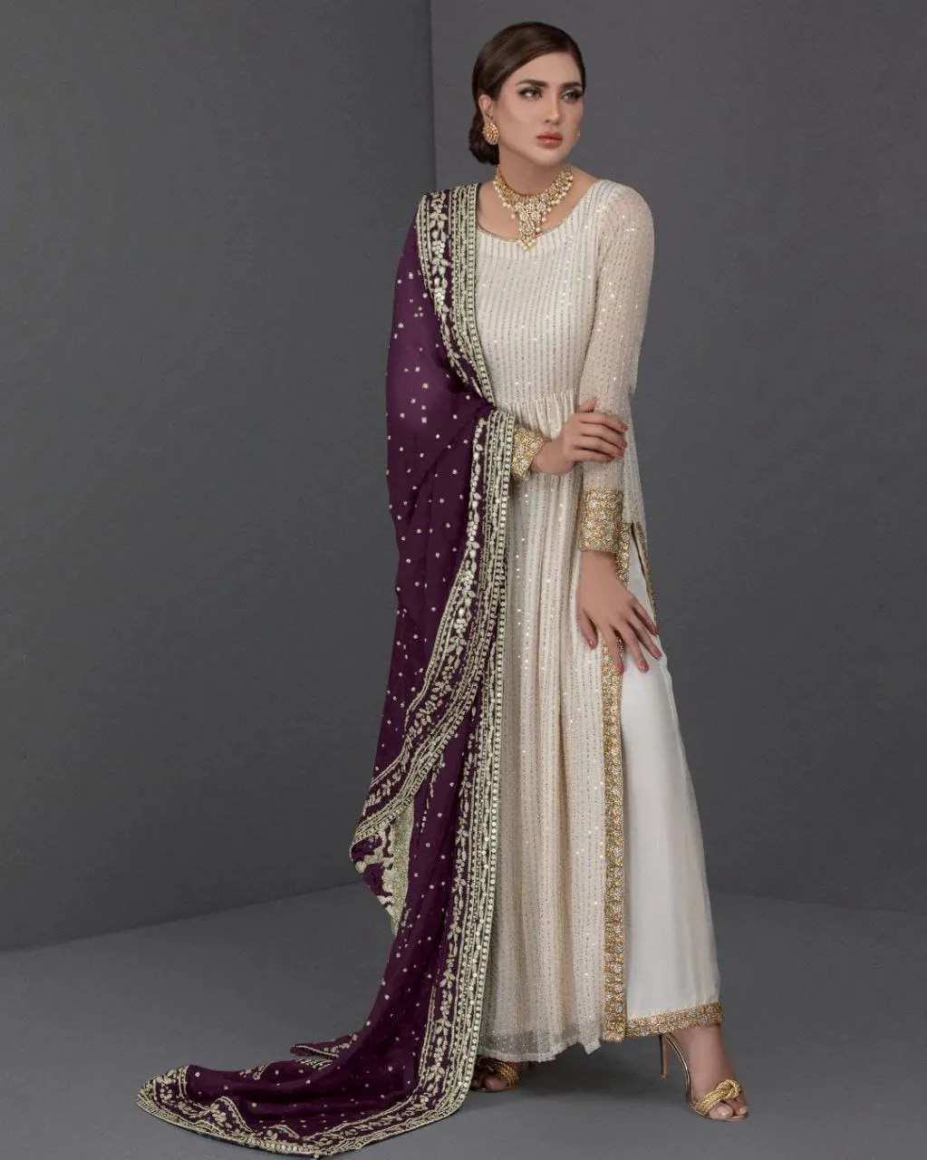 White Women Party wear Kurti Plazo Dupatta Suit